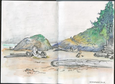 At Long Beach, Pacific Rim National Park, it's almost never warm. I drew this while leaning up against a log with my companions napping in the thin sunlight filtering through the fog beside me. My own garb? About what I would wear for a mild winter day!