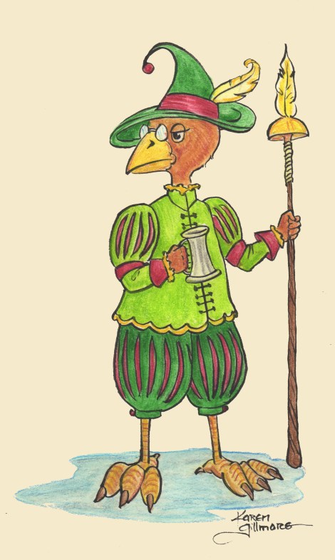 Little Bird Guy — ink, watercolour pencil, digital background