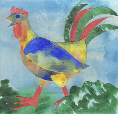 This funky chicken was a quick demo to show students that tearing up their paintings could be fun. It's not a masterpiece, but it does have a certain… something.