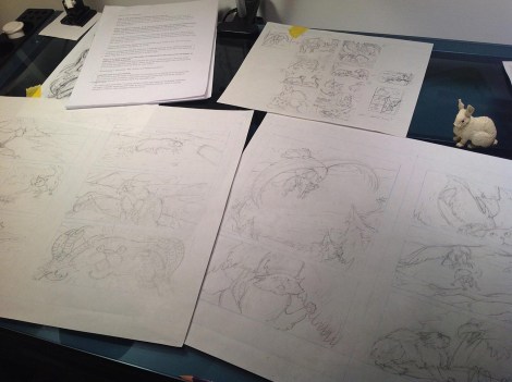 Full-size pencil sketches for the graphic novel. These will be transferred to watercolour paper to be inked and painted. The little bunny is one of my collection of animal models that I keep handy for creature reference.