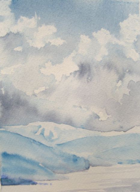 "Storm Building" — I used a paper towel to lift colour out of a solid sky wash for the clouds, then dripped in a bit of  grey, then more water for the backwashes.