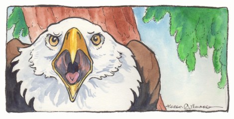 An irate mama eagle tells Spam her troubles. Ink brush, watercolour, pigma micron pen on Opus Watermedia paper.