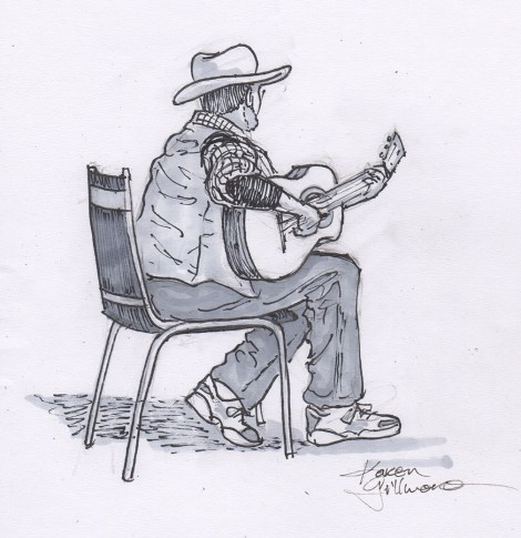 Mike playing guitar — Last night my band went to a concert up in Nanaimo, about a two hour drive from Victoria. Our friends, who are in a band called "Bob", were playing at the local folk club. We played a few songs on the open stage, then I settled in to sketch my friends. However, I was seated at the very side, and the only member of Bob that I could see well enough to sketch was Mike. It's a real challenge to sketch people who are moving around, and while there are some kind of strange things about this drawing, Mike liked it and gave me permission to post it!