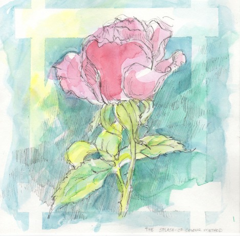 The splash of colour method. I was also demonstrating masking with masking tape on this one, which made the impression of a trellis behind the rose. Notice that I made very little attempt to stay in the lines here.