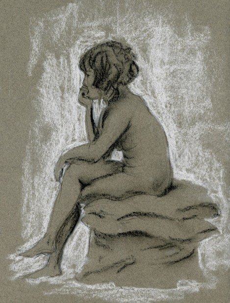 "Young Woman Thinking Hard" — graphite and chalk on toned paper — I couldn't resist putting in another similar pose, and titling it like the first drawing!