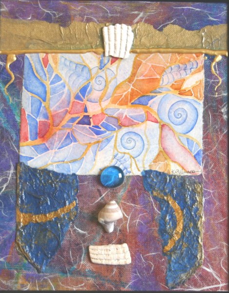 Fossil Sea — a tiny watercolour painting set into hand-decoarated, very textured handmade paper, with the additions of real seashells.