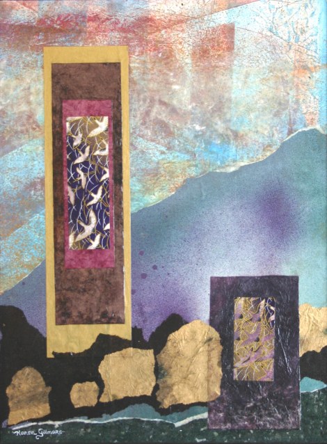 Portals — my own hand decorated papers, some gold tissue paper, and some beautiful Japanese gift-wrap.