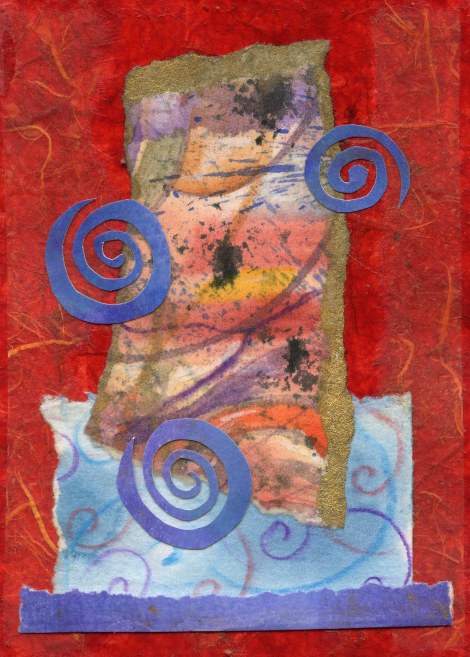 Stone thoughts — hand decorated and printed papers, handmade paper. Spirals are really fun to cut!