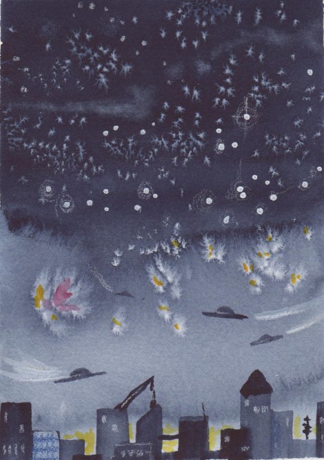 The UFOs are coming! Or maybe they are flying hats. Suggested by one of the students, I thought it was a great idea. This demo used salt and gouache to make stars and the explosions (or maybe they are fireworks). The city is just simple brushstrokes with a flat brush.