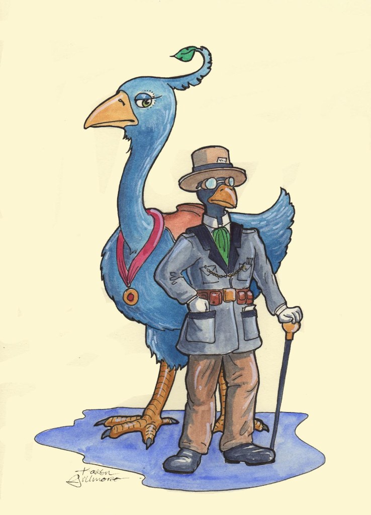 Miss Ophelia Bluefeather and Mister Cecil Ravensfield — ink, watercolour, white marker, white pencil, digital background; a famous pair of scientist-adventurers, known for their daring exploits on the frontiers of archaeology and natural history. They are also working on a time-travel device.