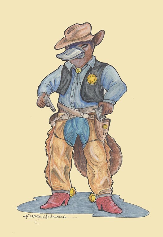 Sheriff Bill Platypus — pen and ink, watercolour pencil, coloured pencil. Sheriff Bill is on the side of justice, and sometimes of law and order.