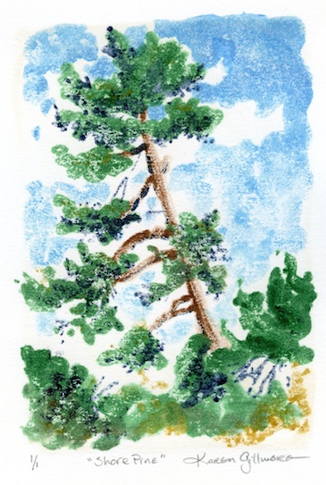Shore Pine — watercolour monoprint, 5x7 inches