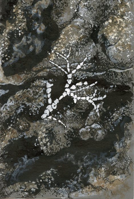 "Washed Ashore" — don't forget that you can focus on little things outdoors too! This is a piece of coralline algae washed up on a granite rock. I didn't actually paint this one onsite, but from a photo I took at the beach. It's black and white inks with coloured pencils on grey-toned paper.