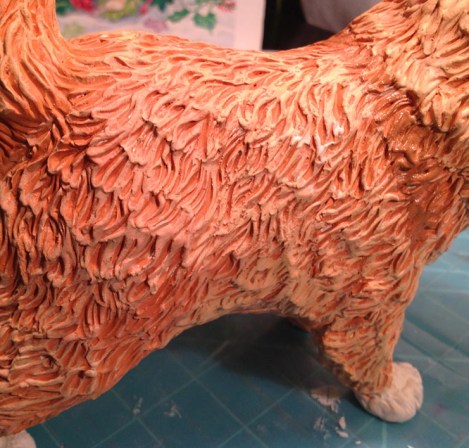 close-up of the fur treatment, pre-stripes: after the last post, where Spam got the orange base coat for the stripy parts, I lightly brushed a lighter colour over the orange to bring out the texture of his fur. I stroked the brush across the  high points of the fur, rather then with the direction of it, so that I didn't fill in the valleys.