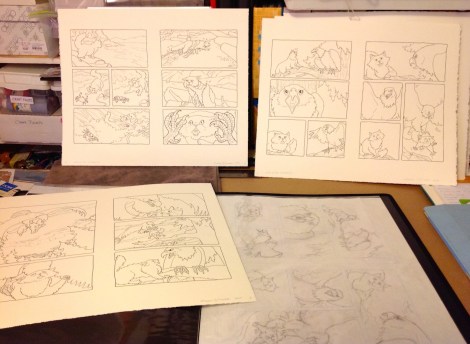 Six of the eight pages, with one of the pencil pages visible in the portfolio. I'm doing these two to a sheet, because it is easier to compose my two-page spreads that way. I try to make the facing pages harmonious with each other.