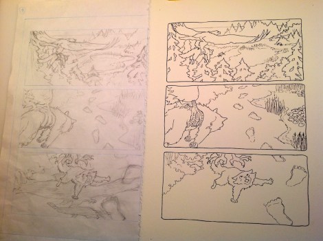 The pencil drawings on the left are drawn on cartridge paper (the kind of stuff you buy in big tablets for drawing charts on at board meetings on an easel). The ink is on Opus Watermedia paper, drawn with a selection of Pigma Micron pens.