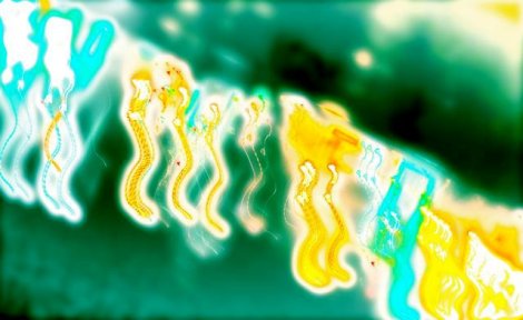 Zxapsulllati, descending a staircase of light. The ways through the city are delineated by psychic markers, to keep travel orderly. Because the Zxapsulllati are able to travel in several dimensions at once, the markers were set to avoid chaos that could cause collisions between individuals, and thus fusions with unintended mates. No one wants to progress to the next fission-incarnation before one's projects in the present are done!