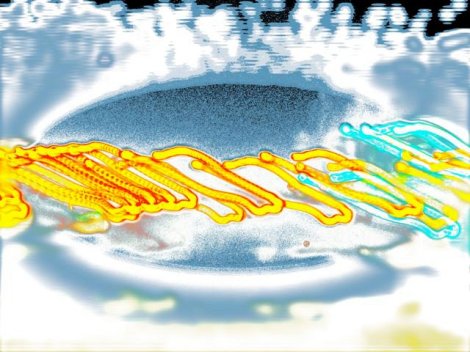 The Zxapsulllati in procession during a holiday to honour their future incarnations. Zxapsulllati reproduce by fusion of one or more individuals, followed by fission, the new individuals being assigned qualities of their progenitors by consensus while in the fusion state.