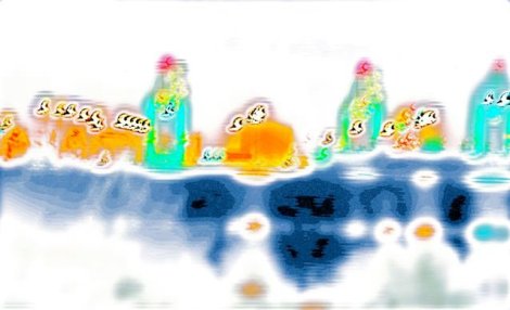 A Zxapsulllati light-painting of the humbler sections of the city. These are not inhabited by the poor, but by those who have achieved such an elevated state of wisdom that they prefer to live in simple huts with no more than three or four Umphra beasts to maintain the structure.