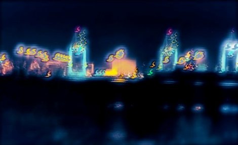 The same area of the city as seen in the previous shot, as perceived by carbon based entities with AMB351-type vision.