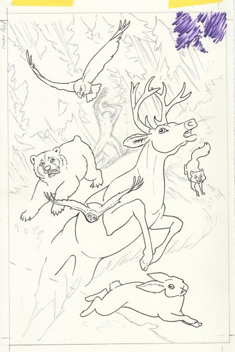 My first mistake was that I forgot to scan it when I had the basic drawing down! I inked the stuff I wanted to have a black line around, and penciled the rest. But I got so excited about my purple brush pen that I started before I remembered to scan.