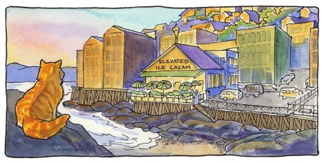 Spam contemplates his favourite ice cream joint. There really is an Elevated Ice Cream shop in Port Townsend, this world's version of Port Deception, where the Spam stories are set, but as far as I know it doesn't really look anything like this. Next time I'm down there visiting, I need to go have an ice cream there!