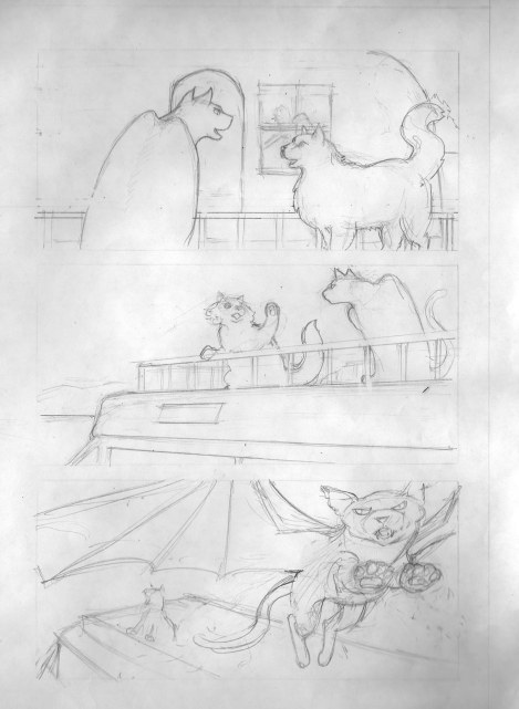 Here's the pencils. I did these on cartridge paper so that I could trace over them on the lightbox for the inking. When I scanned them, I got a lot of shadows, because I didn't shut the scanner lid to press them down. This was OK because all I wanted was a rough record in case anything happened to the original pencils, but normally you wouldn't want to do this.