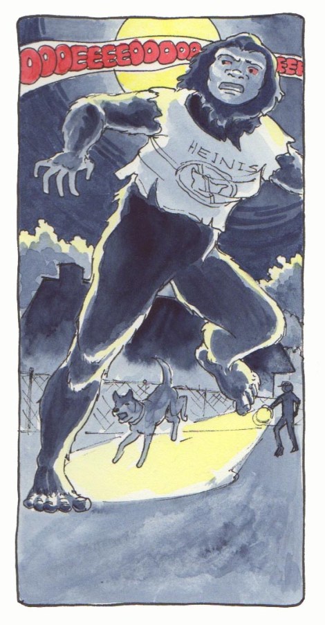 The Sasquatch is discovered! She flees, Officer Bubba (retired police dog) in hot pursuit, with his former police partner Mr. Barker, kindly holding the light.