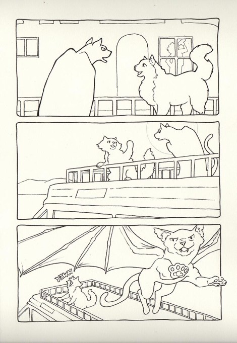 Here is the inked version, on Opus Watermedia Paper. It is slightly off-white, thus the colour. Note the difference in the position of the window and Sven's shadow in it from the pencils (top panel); in the bottom panel, Rocky's paw has been shifted outside the panel border to make him seem to be bursting out of it. (This was Ken's idea)