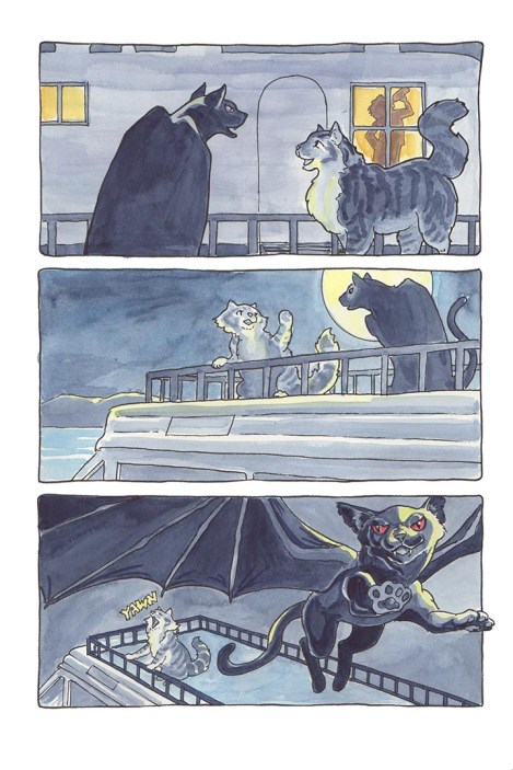 The first thing I do is "Save As", so that in case things go wrong I still have the original scan to go back to. I don't usually save all the steps that I did here, just the original scan and the final version. But if in doubt, save the interim steps; you can always trash them later! After I Saved it, I cropped it to the little dots that I made to show where my page edges were. Normally I would have full-sized crop marks, in order to align the image exactly with my layout document, but because my panel borders are free-form rather than drawn with a ruler, exact orientation can be done by eyeballing it. My dots are actually pretty accurate, though. In this step I also cleaned up all those shadows; I select the area I want to clean by using the magic wand tool (sometimes the shadows are too dark and I have to mess with the tolerance levels — usually it's set to about 50), then drop white in with the paint bucket tool. It's fun to see the instant difference cleaning up the borders makes, rather like putting a painting in a frame.