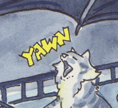 I used the same technique as for the borders, selecting the yellow with the magic wand. However, the edges were kind of messy, so I used the "quick mask" to edit them. It has taken me a while to understand just what this tool was doing, but repeated lessons finally got through to me — it is essentially like using that gooey stuff made for masking watercolours, only a lot neater and not smelly at all! After you've made your selection (or even before if you just want to edit the mask from scratch) you hit the "Q" key, and everything turns pink that isn't selected. You can then use the pencil or brush tool to add to it and reduce the selection, or use the eraser tool and take parts of the pink away to increase the selection. Nifty! I've decided that half the battle with Photoshop is learning how to select stuff. After I had the selection done to my satisfaction, it was pretty easy to drop in colour with the paint bucket. I could also have just swiped across it with a brush or a pencil, since only the things inside the selection would be affected.