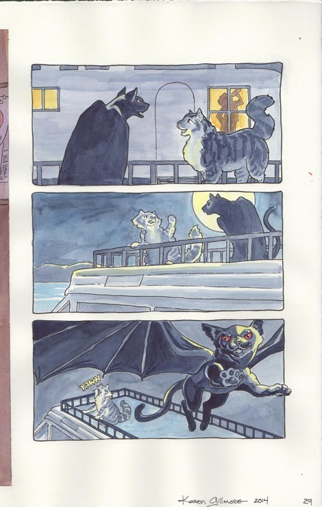 The raw scan of the finished page. Because I did these in double page spreads, the edge of the full-bleed opposite page shows on the left. The paper was wrinkly due to the watercolour, and shows shadows in the margins, even though I put it under weights. The wrinkles will eventually flatten out if kept under weights, but it takes a while. But never fear, Photoshop is here!