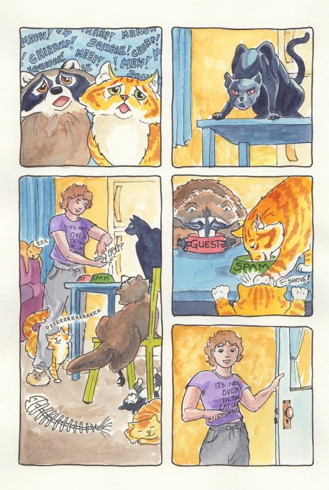 Spam and Renfrew are too late — the marvellous  fish is no more. But Darcy is always prepared — and used to Spam bringing home the occasional guest. His little brother would like more than his share, but after the day Spam has had, he is not in the mood to be indulgent. And Darcy knows that guest raccoons begin to stink like… uh, fish, after a certain period, so no pyjama party for Spam and Renfrew!