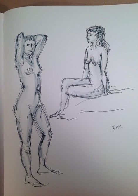This is two five minute poses. I'm still working really fast here, though I was able to use my water brush (a brush with a hollow handle that you can fill with water or ink — very handy for travel) to add some shading in the very last seconds of the two poses.