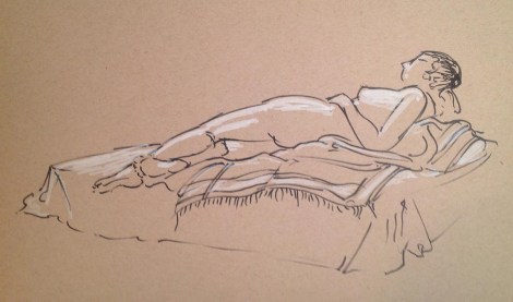 This is a ten minute pose. I decided to be really daring, and use my Pigma Micron brush pen, and abandon sketchiness. This is something I find really hard to do; to put a clean line down right off in a realistic drawing is very difficult. I like to zone in on the line, making lots of light lines until the right one appears, then I latch onto that and darken it. This works OK, but it's time to grow a bit. Having to put the right line down the first time made me really pay attention! The white highlights are the white Sharpie paint pen I mentioned earlier; it's a medium tip one. It's not as opaque as I had hoped, but it works fine for this application. The paper is a Strathmore "Toned Tan" sketchbook.