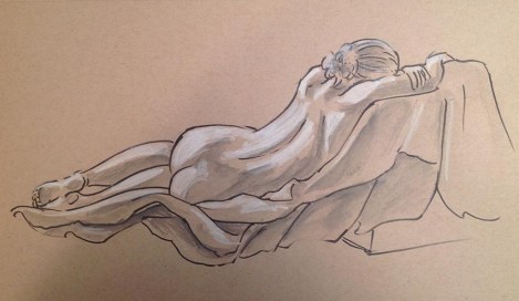 We moved on to 20 minute poses. I really like the longer poses; it's nice to have a bit more time to fill in the details, but not so long that I can dawdle. On this one and the next one, I started out as on the last one, with my brush pen, but decided that I wanted some tonal shading. I had some Derwent water-soluble graphite pencils, so I used those and my water brush: a "light wash" pencil for the figure, and a "medium wash" for the fabric folds.