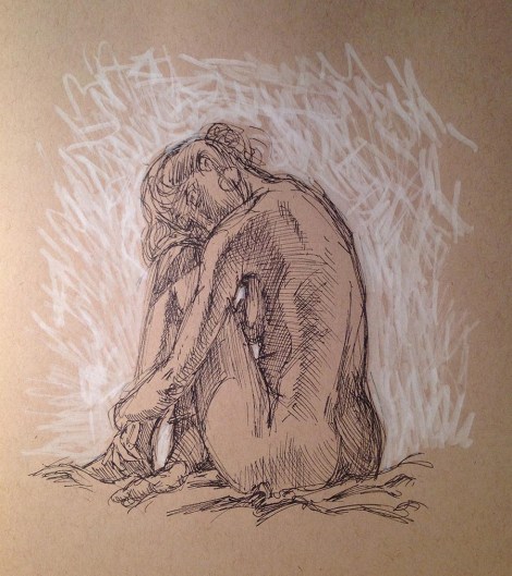 When the model folded up into this position, my discipline quailed, and I went back to scribbling. I was tempted to do a pencil sketch for the proportions, because I was getting pretty tired, but I had set myself a task, and I managed to finish out the evening in ink. I switched to a .01 Pigma Micron (that's a very tiny tip) and did a lot of crosshatching. I was surprised that it didn't take as long as I thought it would, as I kept it loose and scribbly. I used the white Sharpie paint marker for the background this time, instead of the figure's highlights; I quite like the effect.