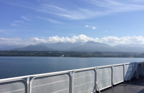 Once out in the Strait of Juan de Fuca, we headed into a wispy fogbank — I felt like I might be entering the Twilight Zone! For a while, we could have been somewhere far out to see, for all the land that was visible — but soon we emerged on the far side of the foggy discontinuity. One minute we were on a featureless sea; the next, the Olympic Mountains loomed. The water's surface was nearly glassy for most of the trip over, but the swells from the Pacific made for some interesting walking down the aisles of the ferry; it looked like a ship full of drunken landlubbers (including me)!