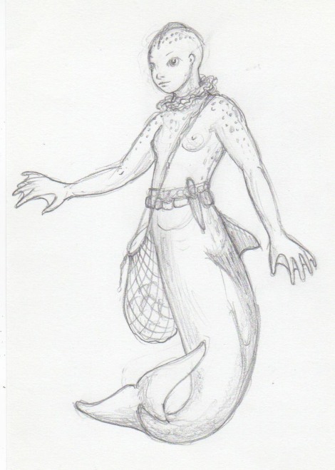 Today's sketch: While I was drawing yesterday's mer-people, I started thinking about practicalities. For one thing, why would they have all that hair if they lived underwater? It would impede their swimming, and constantly be tangled. Surely they would cut it short, or more likely have evolved hairlessness. Perhaps a cranial ridge to cut through the water? And wouldn't they develop some kind of protective coloration? They wouldn't be skinny, they'd  need a rounder body shape to keep in the heat. Oversized hands with webbing would help them move through the water. And being civilized, they'd need something to carry stuff around in.  The ruff around the neck is a symbiotic-gill sea creature that allows them to breathe underwater. They can also still breathe air in the usual way, but first they have to, uh, eject all the water from their lungs. They keep a few extras of these around at all times in case they have to slap them onto drowning sailors. Oops, that might be a spoiler!