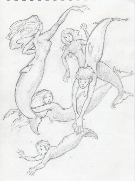 Sunday's sketch: I wanted to try out some different positions, and see how the dolphin tails would work. 