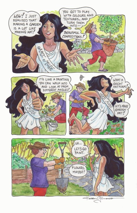 Iris may not apply for that garden muse job after all. pen & ink, watercolour on Strathmore Windpower smooth Bristol (I really, really like this paper, having done two comics on it now)