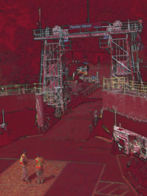 At this point I decided to try Photoshop. This is the coloured pencil filter. I didn't discover that the filters (at least some of them) are affected by the active colours in the tool sidebar; more exploration is needed!