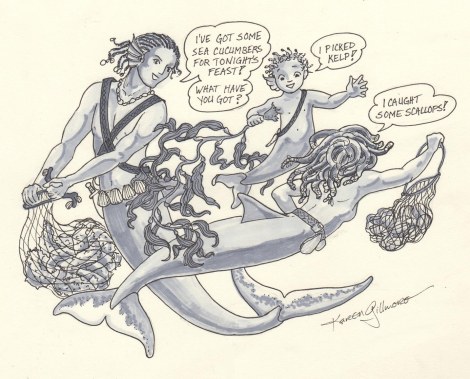 A quick and rather rough drawing — I'd like to flesh this out with scenery and colours, and other swimmers arriving in the background. There is actually a scene I'm planning in the story like this.