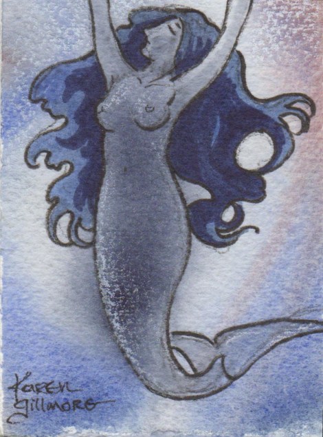 Since mermaids are fresh in my mind, I immediately saw the opportunity to draw one over the patterns that were already formed from the watercolour. I suppose I'm going to be doing enough mermaids that they will also be a staple somnambulant subject!