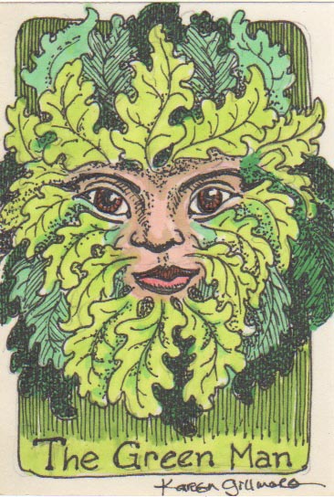 The Green Man is an ancient symbol of the life force in nature (to make a long story very, very short). I've drawn lots of pictures of him, but never one this small!