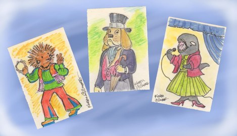 I asked people for an animal and an era, and put them together for these guys. Trying to stuff a whale into 1940s attire was the hardest (especially since I'm pretty vague on 20th century fashions of decades I did not actually live through)!