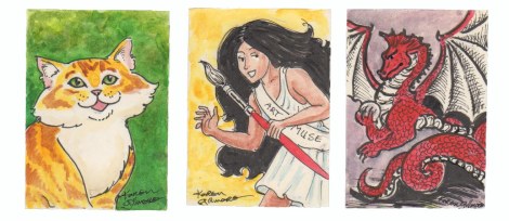 I figured it was about time Spam made it into a sketch card; I'll be doing more of him and his friends for the upcoming convention in Whitehorse. Iris the Art Muse looks ready for adventure with her favourite piece of equipment! I used to draw dragons a lot, so much I can practically draw them in my sleep, so I warmed up with this fellow.