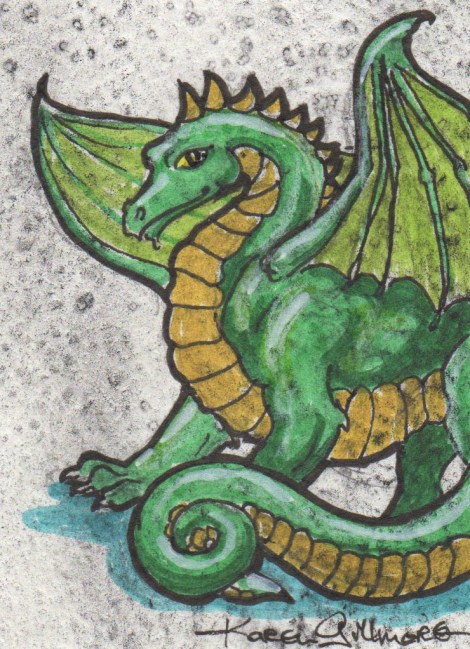 The first one I tried was a dragon. I can draw dragons in my sleep, I've done so many of them. I started all of these with some pre-toned cards I had sitting around — I cut up watercolour paintings that didn't work out, or wash demos from my classes, into various small sizes so I'll have some handy to draw on. It just so happened I had some in trading card size already, perfect! This one is Pigma Micron for the outlines, and Pitt brush markers for the colour. If you try this, know that the markers will dissolve some of the watercolour; my yellow got a bit muddier than I like here. But it's still a cute little dragon.