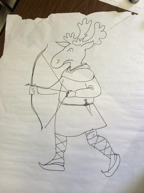 I did a large, two minute drawing in a workshop that was mostly attended by kids and teens. I asked them to shout out an animal. I drew the head. Then I asked them for a time period, and drew the costume. A new hero emerges — Medieval Moose! He'll get made into one of my more developed sketches when I return — I like him already.