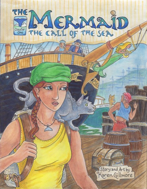 Here's the finished version. I used coloured pencils extensively to brighten and deepen the colours, and make shadows and the foggy ships in the background. I'm fairly pleased with the results, but may do some Photoshop tweaking for the actual cover.